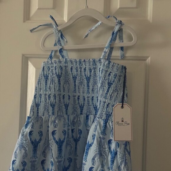 New Classic Prep Blue Hadley Dress Gingham Lobsters Print Smocked Dress Size 10 - Picture 4 of 12